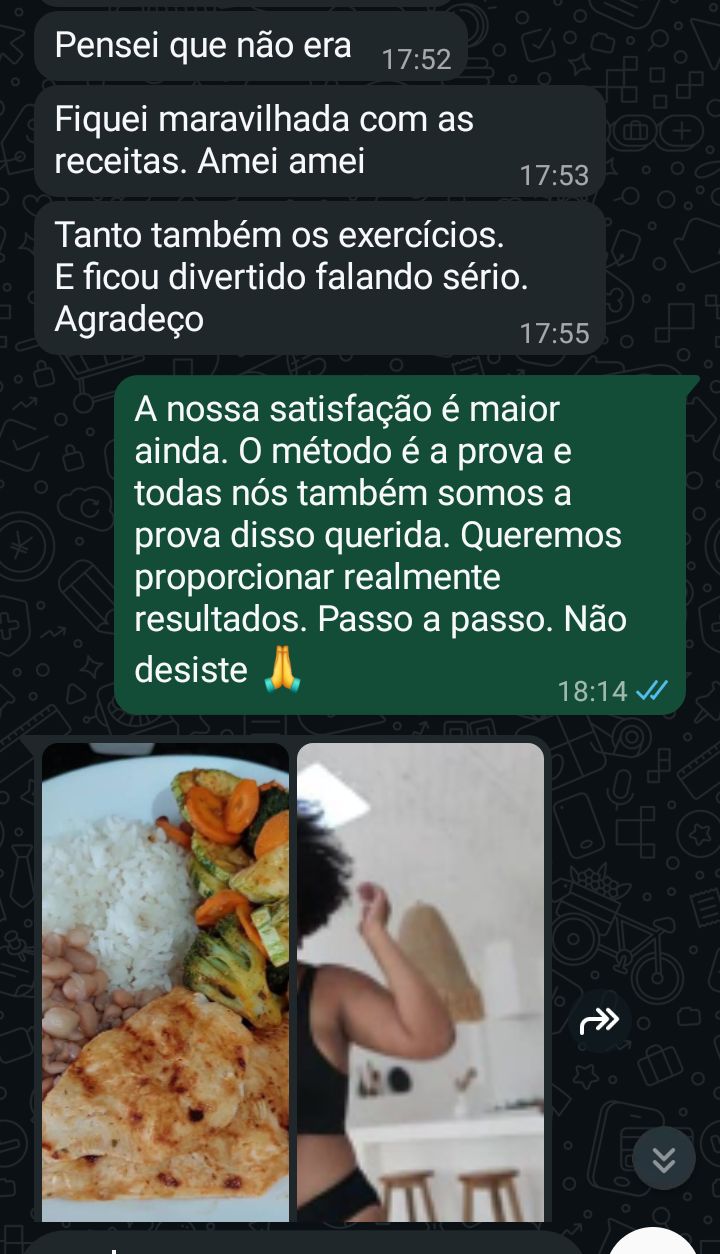 Print real de conversa no WhatsApp com feedback das receitas e exercícios