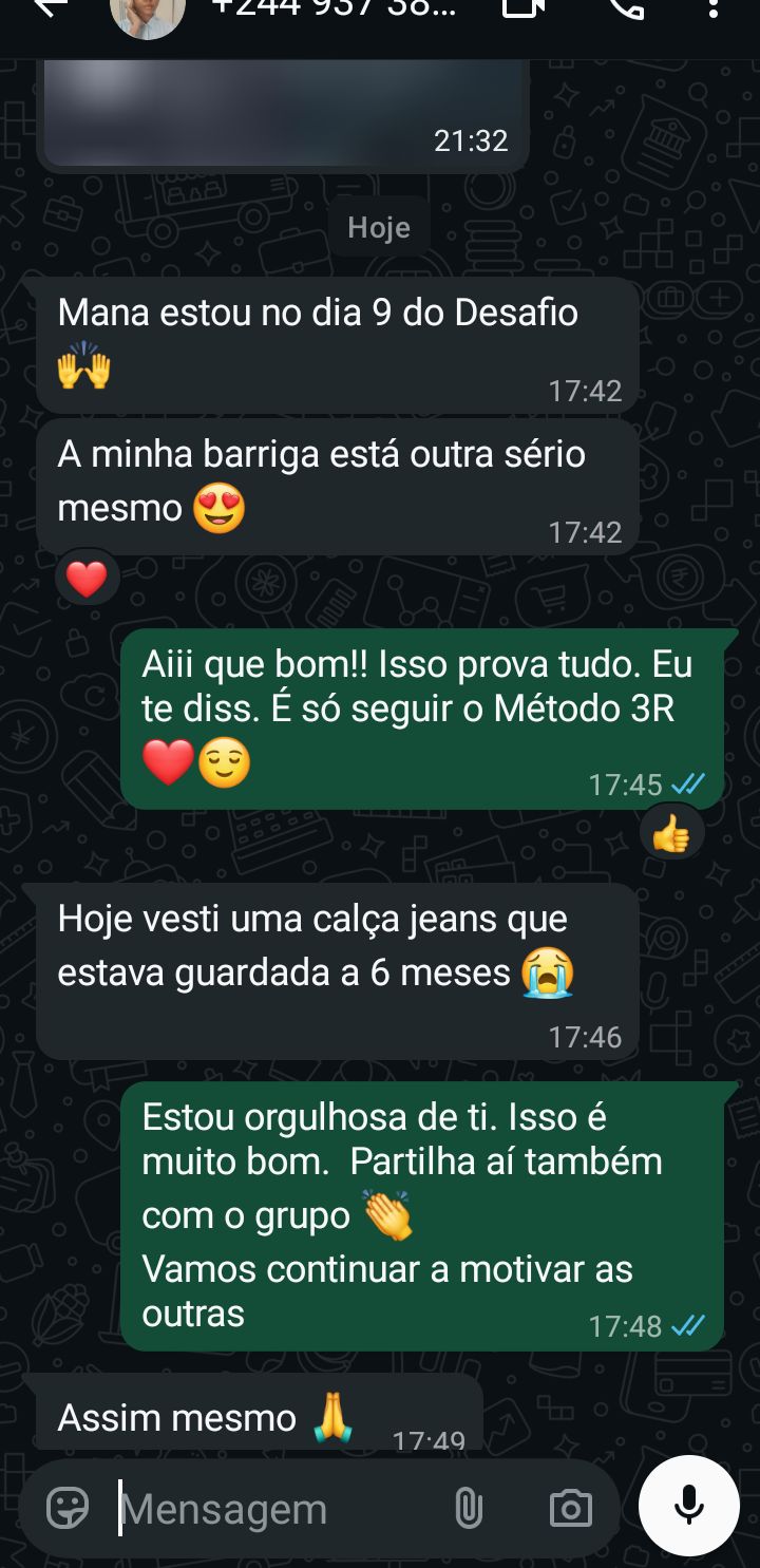 Print real de conversa no WhatsApp sobre o Desafio Barriga Zero